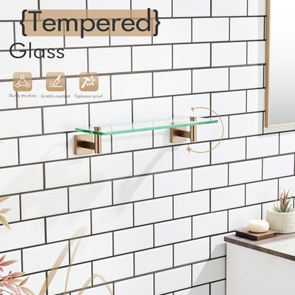 KOKOSIRI Wall Shelves Bathroom Hardware Glass Floating Shelf 16-Inch for Bedroom, Living Room, Kitchen, Hanging Rack Champagne Bronze B1105CPG-L16 - color: Champagne Bronze, size: 16-Inch