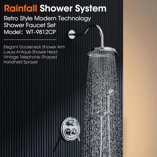 Rainfall Shower System Shower Faucet Set, Luxury, Antique, Polished Chrome | 9 Inch Shower Head and Handheld Spray, Pressure Balance Valve, Wall Mounted, Bathroom, Shower Trim Kit - color: Polished Chrome, style: With Handheld