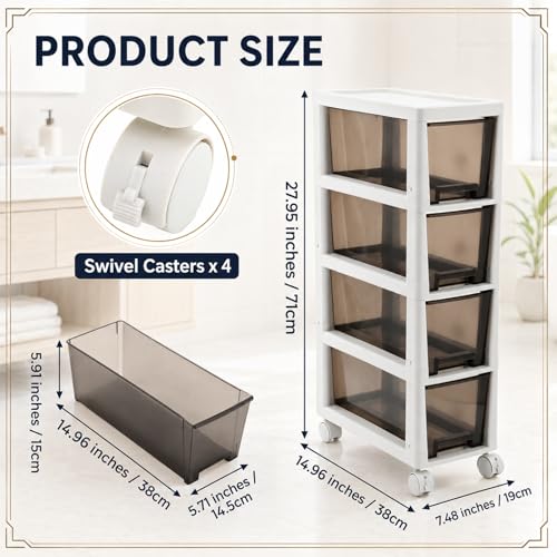 Huwena Plastic Slim 4 Drawers Narrow Storage Cart 28" x 15" x 7.5" Bathroom Narrow Drawer Cabinet with Wheel Container for Small Space Laundry Kitchen Office Bedroom Closets Under Desk