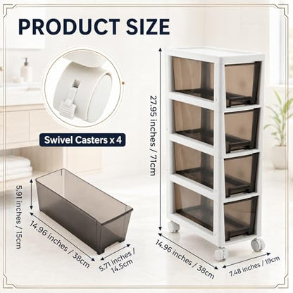 Huwena Plastic Slim 4 Drawers Narrow Storage Cart 28" x 15" x 7.5" Bathroom Narrow Drawer Cabinet with Wheel Container for Small Space Laundry Kitchen Office Bedroom Closets Under Desk