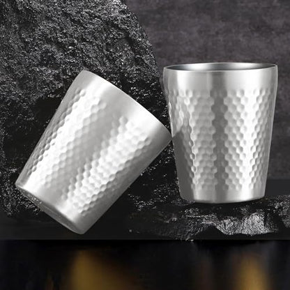 Stainless Steel Cups 4 Packs 10oz/300ml Stackable Double Wall Insulated Metal Shatterproof Cups Titanium-Plated Diamond Textured Surface Heat Resistant Dishwasher Safe (Silver - 4 Packs) - color: Silver - 4 Packs