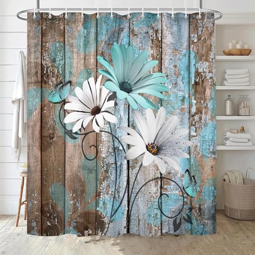 JAWO Farmhouse Flower Floral Shower Curtain, Rustic Teal Turquoise Daisy Shower Curtain Set, Country Blue Wild Garden Plant Fabric Shower Curtain with Hooks, Surreal Bathroom Curtain, 69x84inch - color: Daisy-teal, size: 69"W x 84"L (Pack of 1)