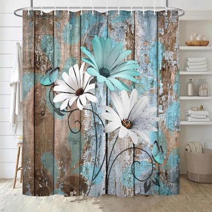 JAWO Farmhouse Flower Floral Shower Curtain, Rustic Teal Turquoise Daisy Shower Curtain Set, Country Blue Wild Garden Plant Fabric Shower Curtain with Hooks, Surreal Bathroom Curtain, 69x84inch - color: Daisy-teal, size: 69"W x 84"L (Pack of 1)