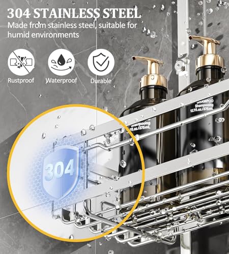 OMAIRA Shower Caddy Hanging with Soap Scrub Holder, Stainless Steel Adjustable No Drilling Non-Slip Large Capacity Sturdy Over Shower Head Shower Organizer Inside Shelves Bathroom Storage Rack, Silver - color: Silver