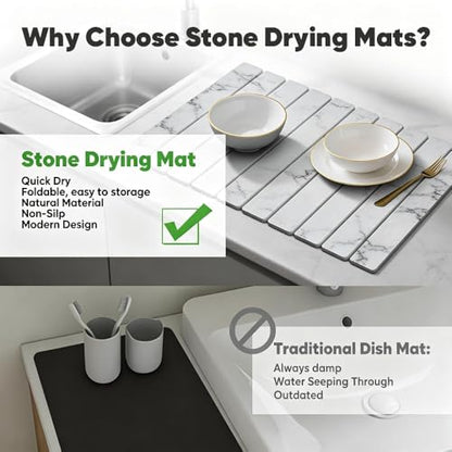Stone Drying Mat for Kitchen Counter, Quick Diatomaceous Earth Mats for Dishes, 24"L x 16" W Super Absorbent Fast-Drying Collapsible Countertop Stone Mat (Marble White, 24" x 16") - color: Marble White