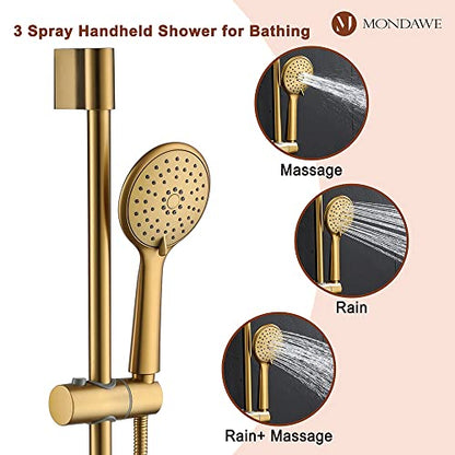 MONDAWE 9 Inch Wall Mounted Shower Faucet Set in Brushed Gold, Rainfall Shower Head with 3-Setting Handheld Spray Shower Set Combo, High Pressure Shower System with Solid Brass Valve - color: Brushed Gold, style: 9 IN - Without Tub Spout