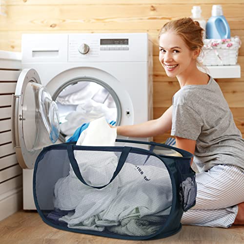 Durable Collapsible Laundry Baskets, Mesh Pop Up Laundry Hamper with Side Pocket, Foldable Clothes Hamper with Reinforced Carry Handles for Laundry, Bathroom, Kids Room, Dorm, Travel 2 Pack Navy Blue - color: 2 x Navy Blue