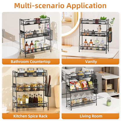 VITVITI 3-Tier Bathroom Organizer Countertop, Metal Wire Mesh Bathroom Counter Organizer Storage with Basket Hooks, Vanity Tray Shelf, Kitchen Spice Rack (Black) - color: 3 Tier Large Black