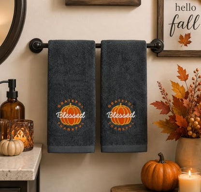 Serafina Home Harvest Fall Hand Towels for Bathroom: Plush Gray Grey Embroidered Grateful Thankful Blessed Orange Pumpkin Design for Bath, 100% Cotton, 16" x 25" Inches, Oeko-TEX Certified - color: Grateful