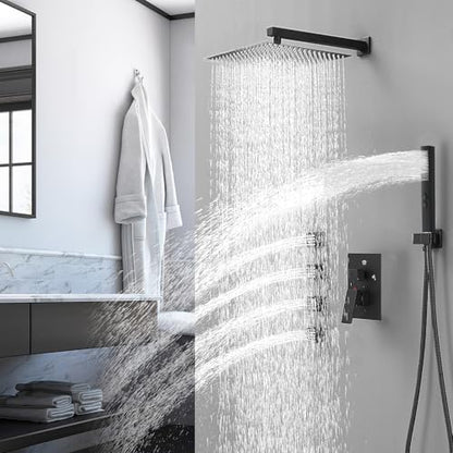 RUMOSE Rainfall Shower System with 4 Full Body Jet 4 Mode Shower Faucet Set | 12 Inch Rain Shower Head, 2 in 1 Handheld Spray, Matte Black Brass Shower Jet Shower Fixtures, Wall Mounted - color: Matte Black
