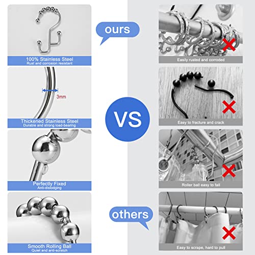 Shower Curtain Rings, SUTINE Shower Curtain Hooks, Stainless Steel Sliver Shower Curtain Hooks Rust Proof, Easy Sliding Double Shower Hooks for Shower Curtains & Liners, 12 Pcs (Chrome) - color: Chrome