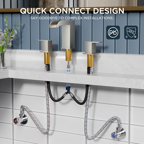QFN Waterfall Bathroom Faucet 3 Hole 8" Widespread Brushed Nickel 2 Handle | Bathroom Sink Faucet Lead-Free with Pop-up Drain and Supply Lines, Fits 4-12 Inch 3 Hole Install, for Vanity Laundry Restroom - color: Brushed Nickel, style: Waterfall