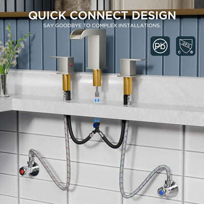 QFN Waterfall Bathroom Faucet 3 Hole 8" Widespread Brushed Nickel 2 Handle | Bathroom Sink Faucet Lead-Free with Pop-up Drain and Supply Lines, Fits 4-12 Inch 3 Hole Install, for Vanity Laundry Restroom - color: Brushed Nickel, style: Waterfall