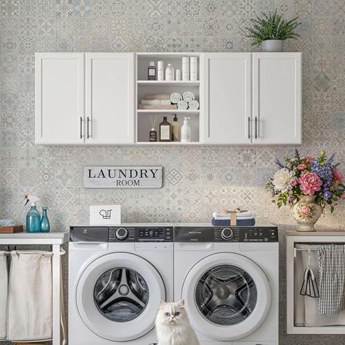 Furnaza 62.8" W Wall Cabinets for Laundry Room with Adjustable Shelf | White Upper Kitchen Wall Mounted Cabinets With Two Shaker Doors for Bathroom,Garage,12"D x 22"H,Floating Hanging Storage - size: 62.8"W