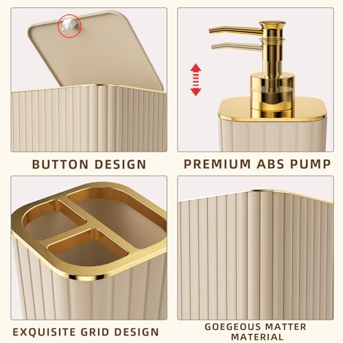 XLHOMO Bathroom Accessory Set - 26PC Bathroom Shower Curtain and Rug Set, Bathroom Accessories Set, Beige Bathroom Set with Trash Can, Toilet Brush, Qtip Holder & Soap Dispenser - style: Beige