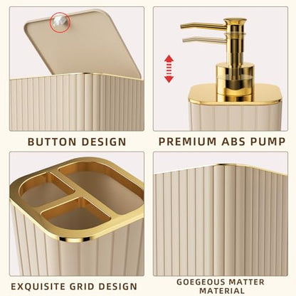 XLHOMO Bathroom Accessory Set - 26PC Bathroom Shower Curtain and Rug Set, Bathroom Accessories Set, Beige Bathroom Set with Trash Can, Toilet Brush, Qtip Holder & Soap Dispenser - style: Beige