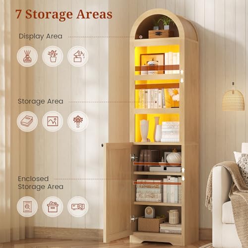 72" Tall Arched Narrow Bathroom Storage Cabinet with Lights, Slim Storage Cabinet with Adjustable Shelves for Small Spaces, Farmhouse Style (Oak) - color: Oak