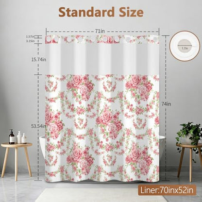 No Hook Shower Curtain and Liner Set, Pink Roses Girls Shower Curtain No Hooks with Snap in Liner and Mesh Top Window, Double-layer Waterproof Fabric Shower Curtains for Bathroom with Weighted Hem - color: Rose Garden