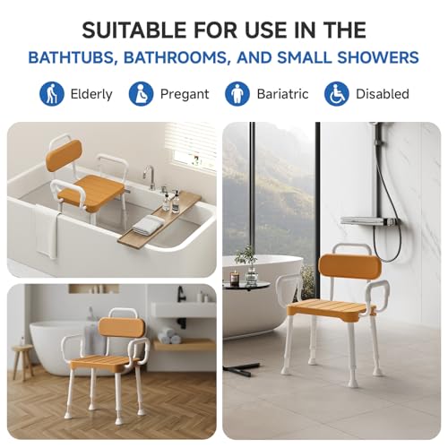 Loyoda Shower Chair with Arms and Back for Seniors, 350 lb Capacity | FSA/HSA Eligible, Adjustable Height Shower Bench for Inside Shower or Bathtub, Non-Slip Feet, Waterproof and Durable - size: Brown