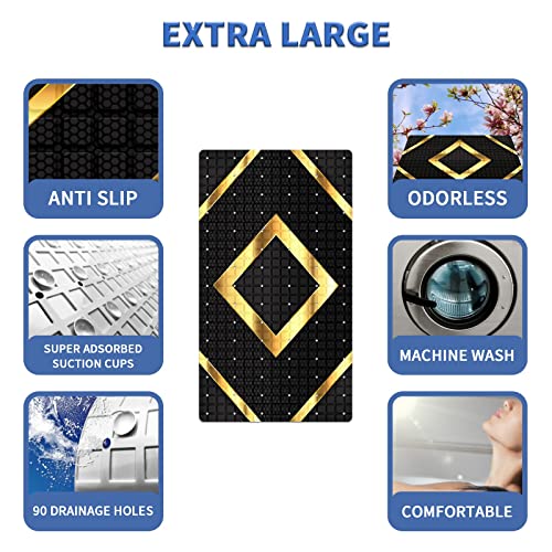 Bath Tub Mat Non Slip Shower Mat Black Gold Geometry Honeycomb Extra Long Bathtub Mat 26.8x15 inches Bathroom Bath Mat with Suction Cups Drain Holes Machine Washable - color: Black Gold Geometry Honeycomb