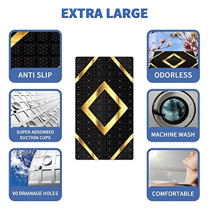 Bath Tub Mat Non Slip Shower Mat Black Gold Geometry Honeycomb Extra Long Bathtub Mat 26.8x15 inches Bathroom Bath Mat with Suction Cups Drain Holes Machine Washable - color: Black Gold Geometry Honeycomb