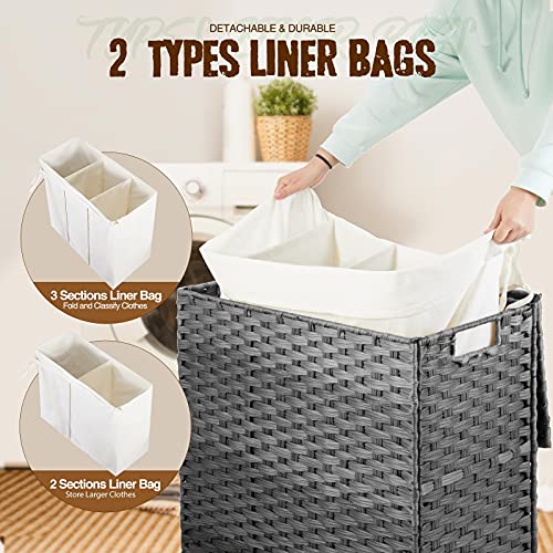 Greenstell Laundry Hamper with Lid, 125L Large Clothes Hamper with 3 Section & 2 Section Removable Liner Bags & 5 Mesh Laundry Bags, Handwoven Synthetic Rattan Divided Laundry Basket, Gray - color: Gray