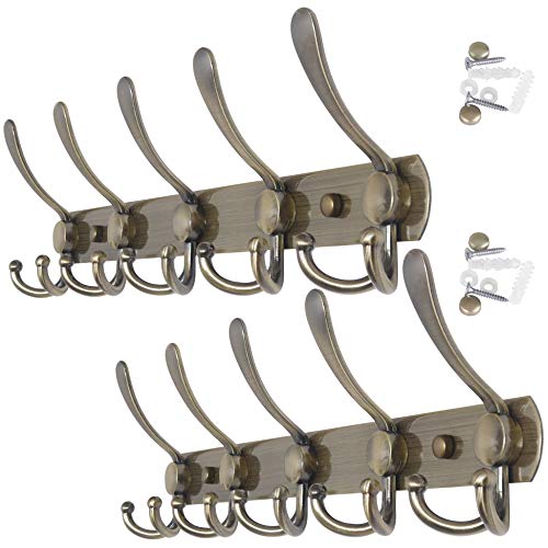 WEBI Coat Rack Wall Mount,Coat Hanger Wall,Coat Hooks Wall Mounted,Hook Rack Rail,5 Triple Hooks for Hanging Clothes,Hats,Jacket,Bronze,2 Packs - color: Bronze, size: 2 Pack