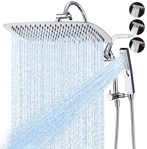 G-Promise All Metal 16 Inch Rain Shower Head with Handheld(Chrome) | All Metal Construction, Pause Mode, 13 Inch Adjustable Gooseneck Arm, Massage Function Hand Shower, Easy Installation - color: Chrome, size: 16 Inch