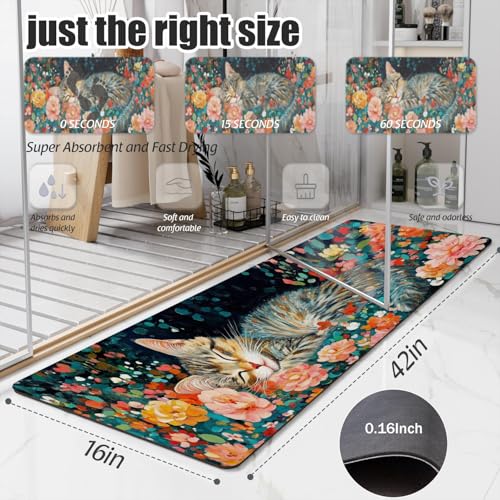 Bathroom Runner Mat Rugs Long,Cute Cat Kitten Pink Flower Design Diatomite Stone Bath Mat Large Absorbent Diatomaceous Earth Mat Non Slip Fast Dry Shower Mat Bathroom Rugs Floor Mat 16x42in - color: Design14