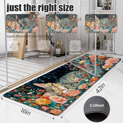 Bathroom Runner Mat Rugs Long,Cute Cat Kitten Pink Flower Design Diatomite Stone Bath Mat Large Absorbent Diatomaceous Earth Mat Non Slip Fast Dry Shower Mat Bathroom Rugs Floor Mat 16x42in - color: Design14