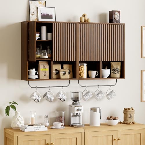 Fluted Wall Cabinets with Doors and Shelves Set of 2, Modern Medicine Cabinet Bathroom Adjustable Shelf Towel Rack Wood Storage Cabinet for Kitchen Dining Room Living Room, Brown - color: Brown, size: 2PCS