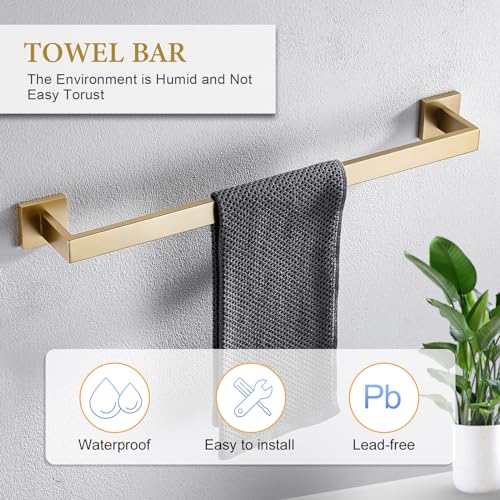 6-Piece Bathroom Hardware Set 23.6 Inch Gold Towel Bar Set Double Towel Bar Towel Ring Coat Hook and Toilet Paper Holder with Shelf Wall Mounted Stainless Steel Bathroom Accessories Set - color: 6-piece Gold