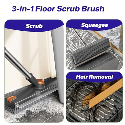 3-in-1 Floor Scrub Brush with Long Handle, Scrape and Heavy-Duty Stiff Bristle Floor Scrubber Brush with Squeegee and Tweezer for Cleaning Tile Kitchen Wall Deck Bathroom Patio Garage