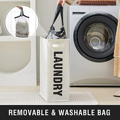 Slim Laundry Hamper with Removable Inner Bag and Side Handles, 45L Small Laundry Baskets to Store Clothes, Narrow Dirty Clothes Hamper for Laundry Room, Bathroom, Bedroom, and Living Room - Beige | Small Laundry Baskets with Mesh Top, Narrow Dirty Clothes