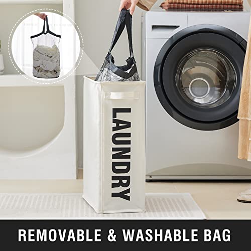 Slim Laundry Hamper with Removable Inner Bag and Side Handles, 45L Small Laundry Baskets to Store Clothes, Narrow Dirty Clothes Hamper for Laundry Room, Bathroom, Bedroom, and Living Room - Beige | Small Laundry Baskets with Mesh Top, Narrow Dirty Clothes