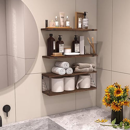 Fixwal 3+1 Tier Bathroom Floating Shelves Over Toilet, Dark Brown | Dark Brown Wood Shelf Set with Toilet Paper Storage Basket, Natural Finish, 40Lb Weight Limit, Quick Mount, Versatile - color: Dark Brown