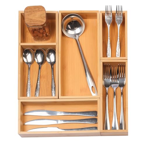Vincona Bamboo Drawer Organizers Set, 5-Piece Multi-Use Wood Storage Organizers, Desk Drawer Tray for Kitchen, Bathroom, Office, Dresser, Bamboo Box Bin for Jewelry, Makeup, Junk, Gadgets - size: 6 Grids