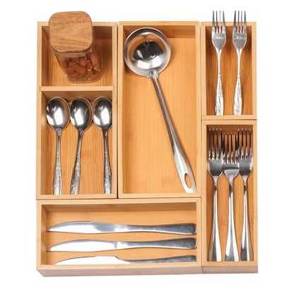 Vincona Bamboo Drawer Organizers Set, 5-Piece Multi-Use Wood Storage Organizers, Desk Drawer Tray for Kitchen, Bathroom, Office, Dresser, Bamboo Box Bin for Jewelry, Makeup, Junk, Gadgets - size: 6 Grids