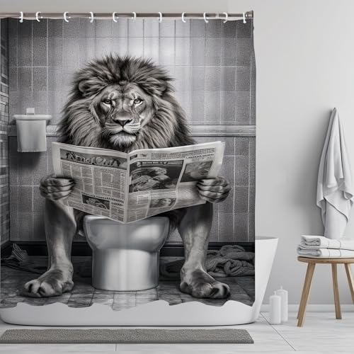 Funny Lion Small Stall Shower Curtain 36 x 72, Funcy Humor Leo Animal on Toilet Narrow Half Size Shower Curtains Set, Black and White Shower Curtains, Large Cat Bathroom Window Curtain with Hooks - color: White Black, size: 36"W x 72"L (Pack of 1)