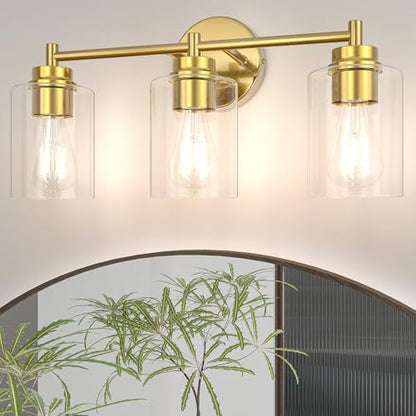 Bathroom Vanity Light Fixtures, 3-Light Brushed Gold Wall Sconce with Clear Glass, Modern Vanity Lights Over Mirror for Bathroom, Kitchen, Living Room, Mirror, E26 Base(Bulbs Not Included) - color: Gold 3 Lights
