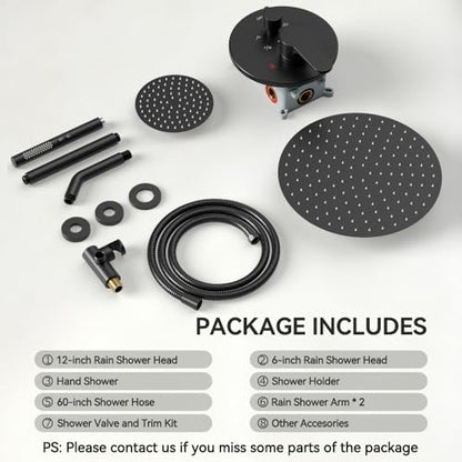Shower Systems Shower Faucet Sets STARBATH 3 Way 12+6" Round Dual Rainfall Shower Head with Handheld Spray Combo, Ceiling Mounted Rain Shower Valve with 5 Diverter and Trim Kit Complete, Matte Black - color: Matte Black, size: 6+12 inch-04