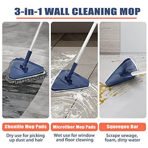 JEHONN Wall Cleaner Mop with Long Handle 82 Inches, 3-in-1 Ceiling Cleaning Tool Duster with 6 Replacement Microfiber Chenille Pads for Painted Walls, Window, Floor, Baseboard - color: Blue