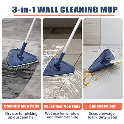 JEHONN Wall Cleaner Mop with Long Handle 82 Inches, 3-in-1 Ceiling Cleaning Tool Duster with 6 Replacement Microfiber Chenille Pads for Painted Walls, Window, Floor, Baseboard - color: Blue