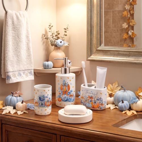 4 Pcs Fall Chinoiserie Ceramic Bathroom Accessories Blue and White Pumpkin Lotion Soap Dispenser, Toothbrush Holder, Tumbler, Soap Dish for Autumn Thanksgiving Bathroom Decorations Gifts - style: Fall Chinoiserie Pumpkin