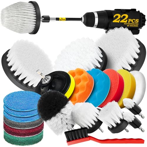 Holikme 22Pack Drill Brush Attachments Set, Scrub Pads & Sponge, Buffing Pads, Power Scrubber Brush, Car Polishing Pad Kit,Wax Applicator Pad,Car Cleaning Kit,Cleaning Supplies,Masonry Brushes,White | Buffing Sponges, Nylon Grout Tools, Microfiber Wax Pad