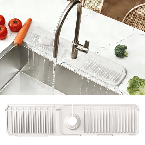 24 Inch Upgraded Draining Mat Folding faucet Mat for Bathroom Sink Splash Guard 7° Slope with Button Lock Water Draining Pad for Kitchen Bathroom Bar(Beige) - color: Beige
