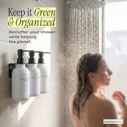 MaisoNovo Shampoo and Conditioner Dispenser|Refillable White Black Set of 3 | No Drill Wall Mount - Shower Soap Dispenser · Holds Body Wash or Hand Soap · Wall Soap Dispenser - color: White Black Set of 3