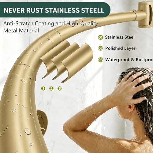 Gold Curved Shower Curtain Rod for Bathroom Bathtub 33-78 In Adjustable Curved Shower Rod, RustProof Stainless Steel Round Shower Rods for Stall,Extra Shower Space Expandable Need Drilling - color: Gold