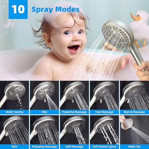 Hibbent 13'' 5-spray Rain Shower Head, 10-Spray Handheld, Brushed Nickel | cUPC Certified High Pressure Dual Showerhead Combo, Upgraded Rainfall Shower Head, 12'' Extension Arm, 71'' Hose & Holder - color: Brushed Nickel, style: Square 13''