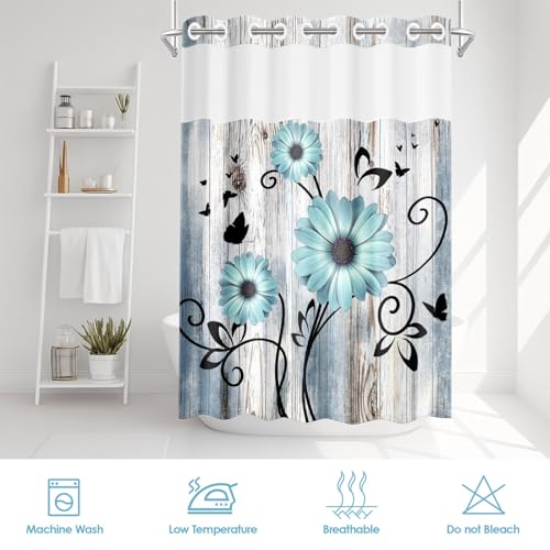 No Hook Shower Curtain with Snap in Liner 71x74 Inch Flower Teal | Rustic Daisy Farmhouse Modern Double Layers Waterproof Fabric with See Through Top Window Open Grommet Bath Curtain - color: Teal Floral, size: 71"W x 74"L (Pack of 1)